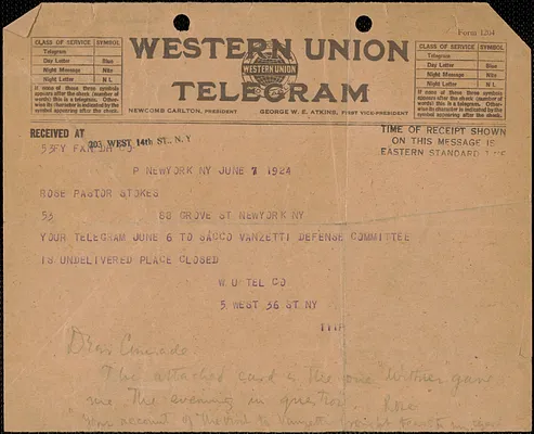 Western Union telegram to Rose Pastor Sokes, New York, N.Y., June 7, 1924