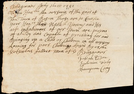 Mary Clisby indentured to apprentice with Nathaniel Harvey of Bridgewater, 6 August 1751