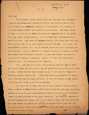 Bartolomeo Vanzetti typed letter (copy) to Mary Donovan, [Dedham], 3 May 1927
