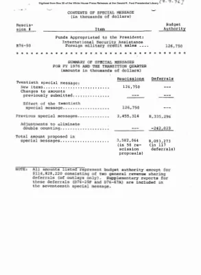 Contents of a special message on funds appropriated for Foreign Military credit sales [Notice to Press]