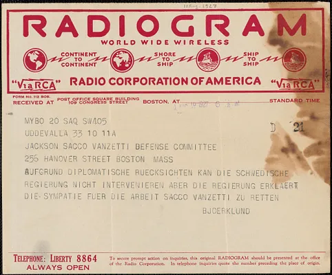 C. J. Björklund telegram, in German, to Gardner Jackson, Uddevalla, Sweden, August 10, 1927