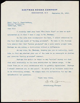 Jones, L. B. fl.1916 typed letter signed to Hugo Münsterberg, Rochester, N.Y., 21 September 1916