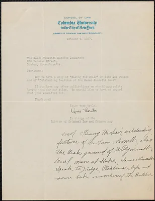 Agnes Thornton typed note signed to Sacco-Vanzetti Defense Committee, New York, N. Y., October 4, 1927
