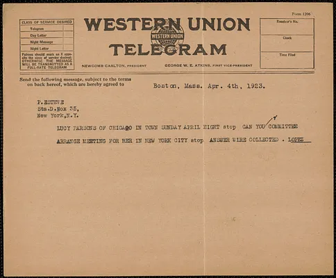 Frank Lopez telegram (copy) to P. Esteve, Boston, Mass., April 4, 1923