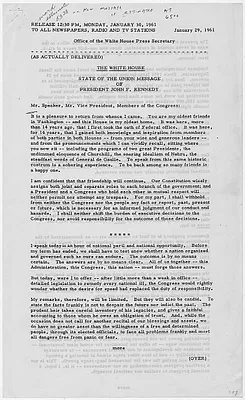 Press copy of the State of the Union Message of President John F. Kennedy, 29 January 1961