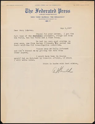 Art Shields (The Federated Press) typed letter signed to Mary Donovan, New York, N.Y., May 5, 1927