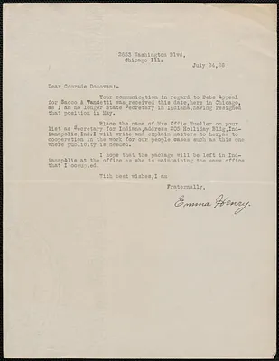 Emma Henry typed letter signed to Mary Donovan, Chicago, Ill., July 24, 1926
