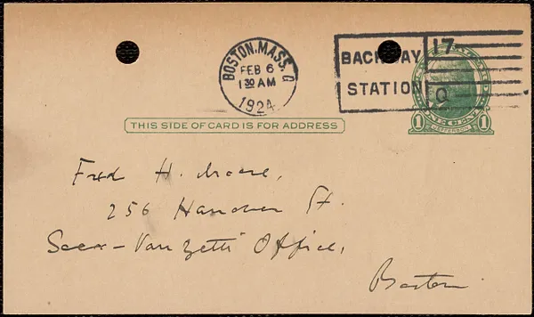 E[lizabeth] G[lendower] Evans autograph note signed (postcard) to Fred H. Moore, Boston, Mass., February 6, 1924