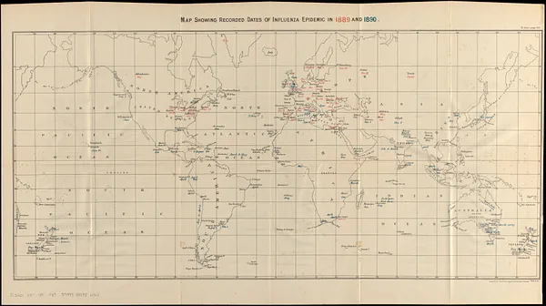 Map showing recorded dates of influenza epidemic in 1889 and 1890