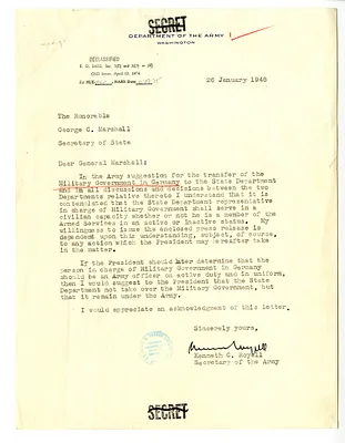 Letter from Secretary of the Army Kenneth Royall to Secretary of State George C. Marshall, with Attachment