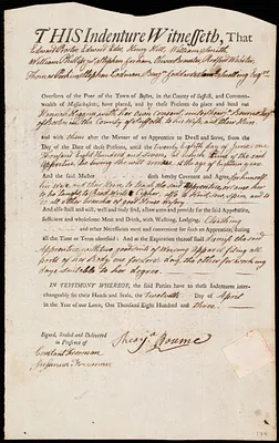 Hannah Higgins indentured to apprentice with Shearja Bourne of Boston, 12 April 1803