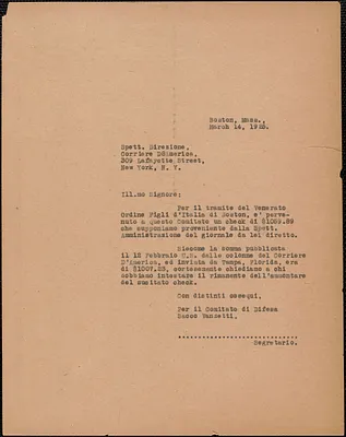 Sacco-Vanzetti Defense Committee typed letter (copy), in Italian, to Corriere d'America, Boston, Mass., March 14, 1925
