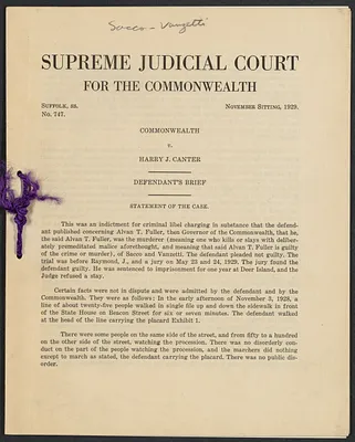 Herbert Brutus Ehrmann Papers, 1906-1970. Sacco-Vanzetti. Harry J. Canter: Record of Commonwealth v. Harry J. Canter. Box 10, Folder 11, Harvard Law School Library, Historical & Special Collections