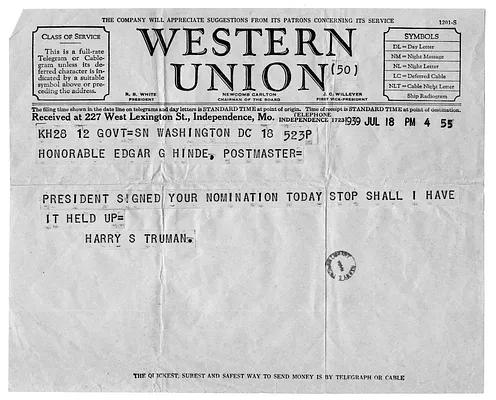 Telegram from Senator Harry S. Truman to Edgar Hinde