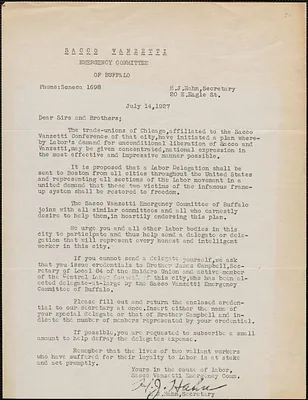 H. J. Hahn (Sacco-Vanzetti Emergency Committee of Buffalo) typed letter (circular), [Buffalo, N. Y.], July 14, 1927