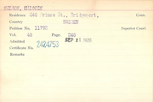 Fairfield County Superior Court and Fairfield County Court of Common Pleas, Index to Records of Naturalization, 1839-1955, Nelson, M.-Nosenzo