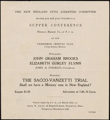 The New England Civil Liberties Committee printed invitation (circular), [Brookline, Mass.], March [1921]