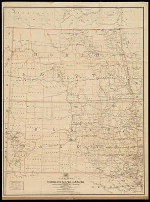 Post route map of the states of North and South Dakota with adjacent parts of Montana, Wyoming, Nebraska, Iowa and Minnesota and portions of the Dominion of Canada