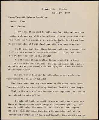 Joseph Moro (Sacco-Vanzetti Defense Committee) typed letter (copy), in Italian, to Sam M. Lucia (Sacco-Vanzetti Defense Committee, Rochester), Boston, Mass., September 14, 1927