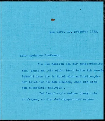 Luwoff-Parlaghy, Vilma von, 1863-1924 typed letter signed to Hugo Münsterberg, New York, 19 December 1912