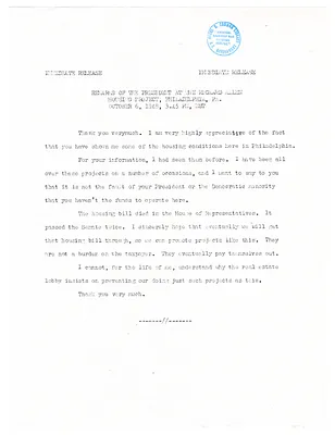 Press Release, Speech of President Harry S. Truman at Richard Allen Housing Project in Philadelphia, Pennsylvania