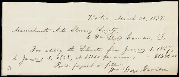 Receipts from William Lloyd Garrison, Boston, [Mass.], to the Massachusetts Anti-Slavery Society, March 27, 1838