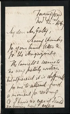 Emily Tennyson autograph letter signed to Mr. Gatty, Farringford, [Isle of Wight], 22 November 1867