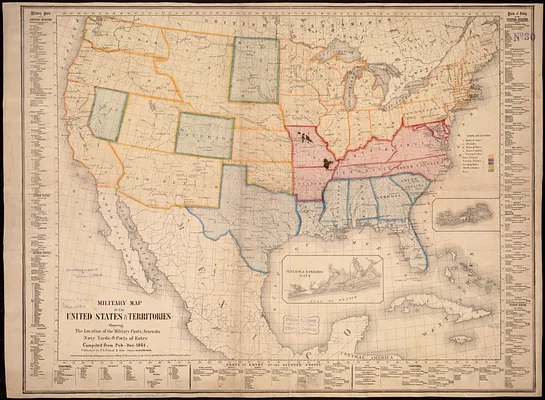 Military map of the United States & territories showing the location of the military posts, arsenals, Navy Yards, & ports of entry. Compiled from pub-doc--1861