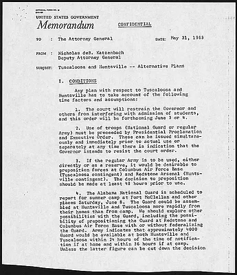 Memorandum to the Attorney General Tuscaloosa and Huntsville Alternative Plans May 31, 1963
