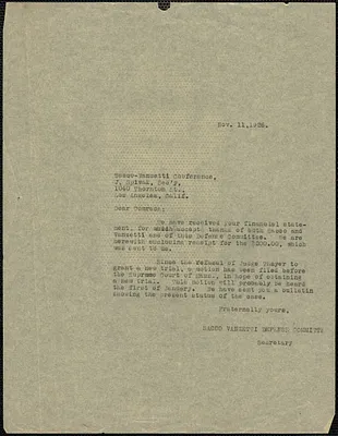 Sacco-Vanzetti Defense Committee typed letter (copy) to Joseph Spivak (Sacco-Vanzetti Conference, Los Angeles), Boston, Mass., November 11, 1926
