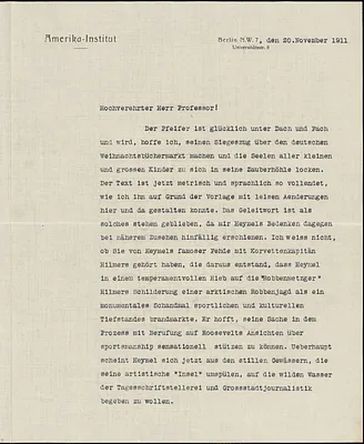 Drechsler, Robert Walter, fl. 1913 typed letter signed to Hugo Münsterberg, Berlin, 20 November 1911
