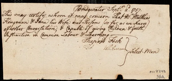 Robert Clark indentured to apprentice with Matthew Kingman of Bridgewater, 13 September 1757