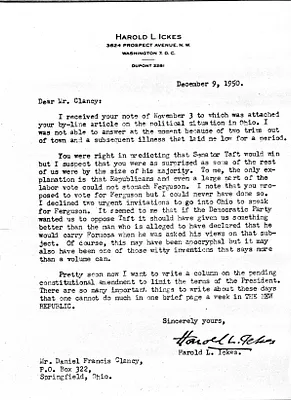 Letter from Harold Ickes to Daniel F. Clancy