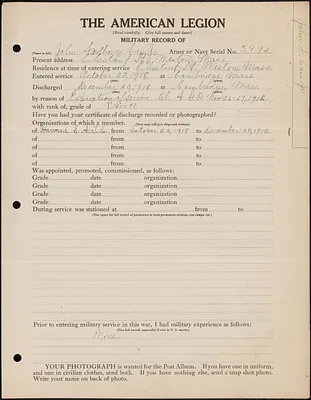 American Legion military record of John Anthony Cain, Jr.