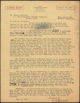 S. Librescot typed letter signed to Aldino Felicani, New York, N. Y., August 23, 1927
