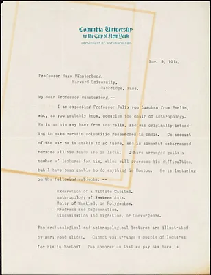 Boas, Franz, 1858-1942 typed letter signed to Hugo Münsterberg, New York, 09 November 1914