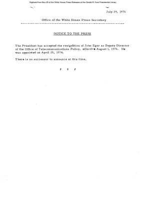 Resignation of John Eger as Deputy Director of the Office of Telecommunications Policy [Position Appointments and Resignations]