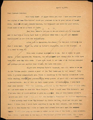 Bartolomeo Vanzetti typed letter (copy) to Mary Donovan, [Bridgewater Hospital for the Criminally Insane], 4 April 1925