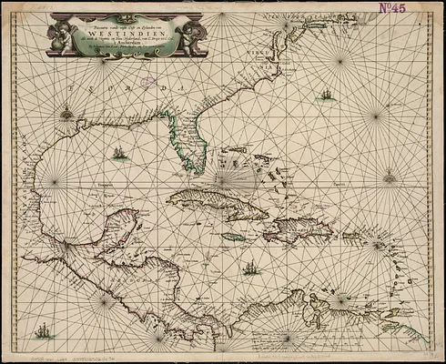 Pascaarte vande vaste cust en eylanden van Westindien, als mede de Virginis en Nieu-Nederland, van C. Droge tot C. Cod