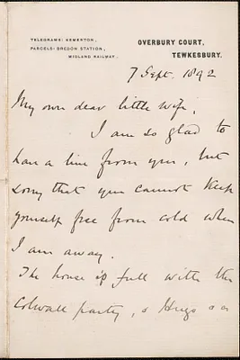 [John Biddulph Martin] autograph note to [Victoria Woodhull Martin], Tewkesbury, [England], September 7, 1892