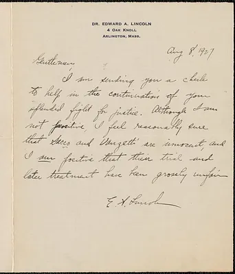 Edward A. Lincoln autograph note signed to Sacco-Vanzetti Defense Committee, Arlington, Mass., August 8, 1927