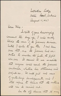 Robert [B] autograph letter signed to Felix Frankfurter, Hilton Beach, Ontario, August 11, 1927