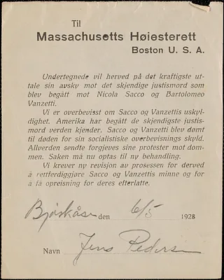 Försvarskomtien for Sacco-Vanzetti printed forms (petitions) signed to Sacco-Vanzetti Defense Committee, Oslo, Norway, 1928