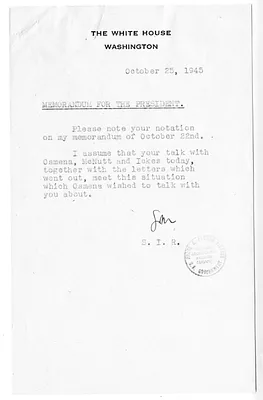 Memorandum from Samuel Rosenman to President Harry S. Truman, with Attachments