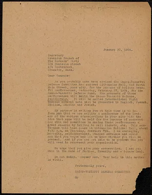 Sacco-Vanzetti Defense Committee typed letter (copy) to Armenian Branch of The Workers' Party, Boston, Mass., January 30, 1924