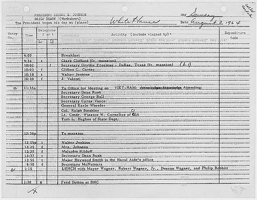 President's Daily Diary Entry, August 2, 1964