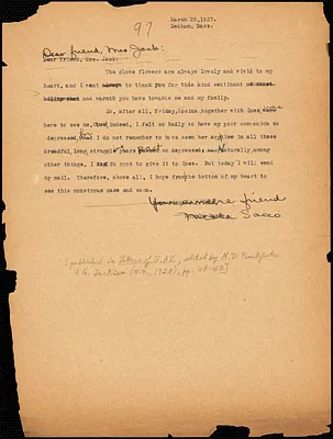 Nicola Sacco typed note (copy) to Mrs. [Cerise] Jack, [Dedham], 25 March 1927