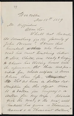 H. L. Wayland autograph letter signed to Thomas Wentworth Higginson, Worcester, 18 November 1859