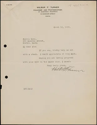 Wilbur F. Turner typed letter signed to Emilio Coda, Boston, Mass., March 16, 1925