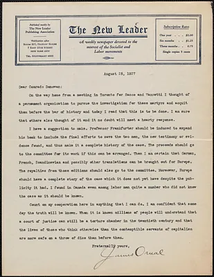James Oneal (The New Leader) typed letter signed to Mary Donovan, New York, N. Y., August 25, 1927